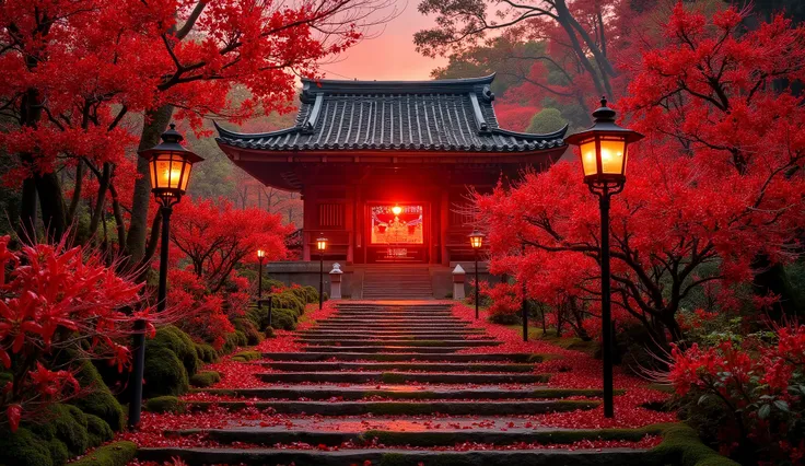 (A vermilion Japanese temple appears after climbing the old mossy stone steps:1.5),(A magnificent old shrine appears after climbing the mossy stone steps:1.5), (A beautiful world of sunsets:1.5),A mysterious world),fantastic atmosphere,A fox fire is lit in...