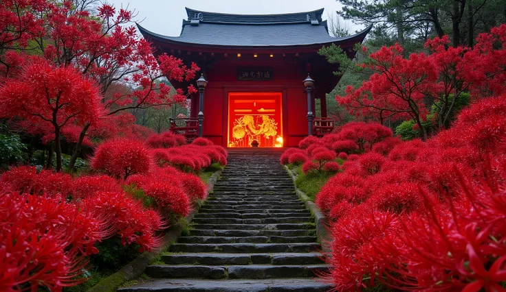 (A vermilion Japanese temple appears after climbing the old mossy stone steps:1.5),(A magnificent old shrine appears after climbing the mossy stone steps:1.5), (A beautiful world of sunsets:1.5),A mysterious world),fantastic atmosphere,A fox fire is lit in...