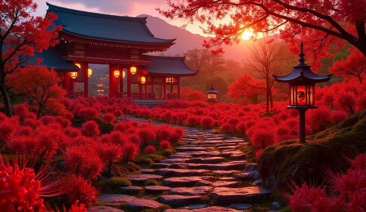 (A vermilion Japanese temple appears after climbing the old mossy stone steps:1.5),(Japanese-style temples and stone lanterns:1.5),(A magnificent old shrine appears after climbing the mossy stone steps:1.5), (A beautiful world of sunsets:1.5),A mysterious ...
