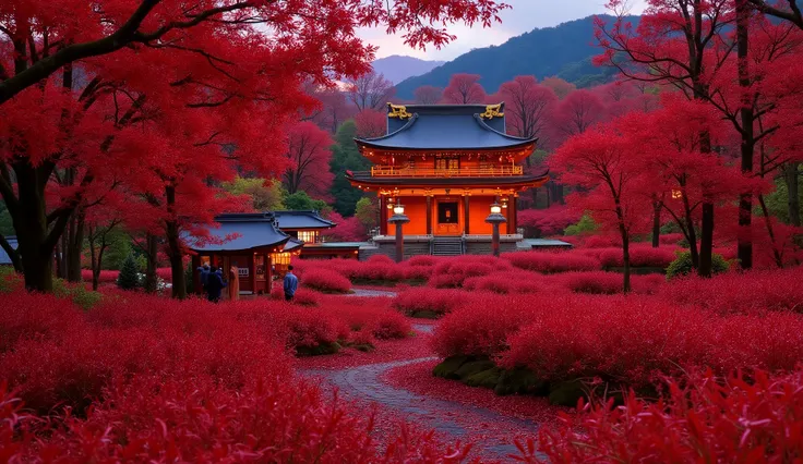 (A vermilion Japanese temple appears after climbing the old mossy stone steps:1.5),(Japanese-style temples and stone lanterns:1.5),(A magnificent old shrine appears after climbing the mossy stone steps:1.5), (A beautiful world of sunsets:1.5),A mysterious ...