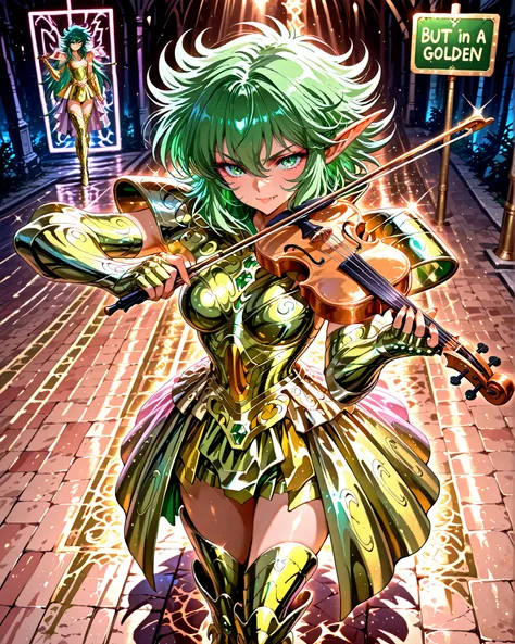 high angle, (masterpiece, 4k, ultra detailed, vivid and vibrant colors), {1woman}:(a beautiful and attractive woman, short hair green, green eyes, elf ears and vampire fangs, wears golden armor inspired by the anime Saint Seiya, but in a very revealing and...