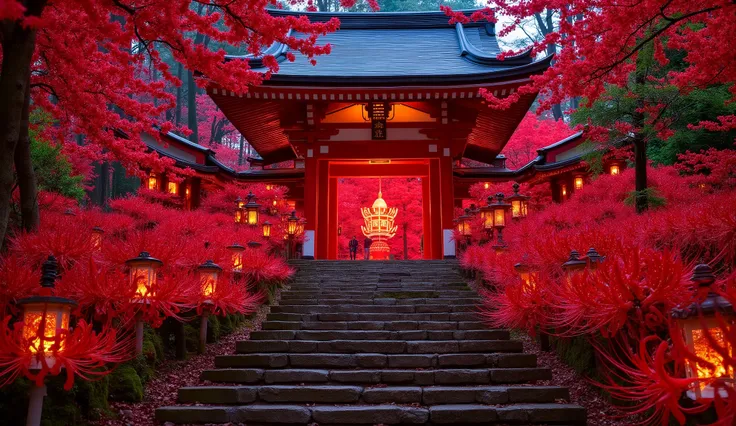 (A vermilion Japanese temple appears after climbing the old mossy stone steps:1.5),(Japanese-style temples and stone lanterns:1.5),(A magnificent old shrine appears after climbing the mossy stone steps:1.5), (A beautiful world of sunsets:1.5),A mysterious ...