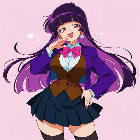 masterpiece, ultra-HD, impressionism, high detail, best quality, very aesthetic, 8K, best quality, beautiful, ultra-high resolution, 32K UHD, sharp focus, hrn_yc Style, bokeh, retro artstyle, 1990, 1girl, solo, very long dark purple hair, blunt bangs, hime...