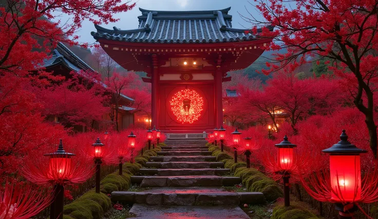 (A vermilion Japanese temple appears after climbing the old mossy stone steps:1.5),(Japanese-style temples and stone lanterns:1.5),(A magnificent old shrine appears after climbing the mossy stone steps:1.5), (A beautiful world of sunsets:1.5),A mysterious ...