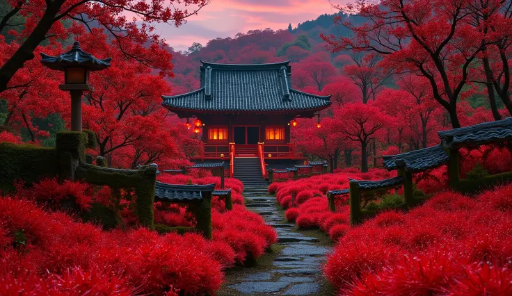 (A vermilion Japanese temple appears after climbing the old mossy stone steps:1.5),(Japanese-style temples and stone lanterns:1.5),(A magnificent old shrine appears after climbing the mossy stone steps:1.5), (A beautiful world of sunsets:1.5),A mysterious ...