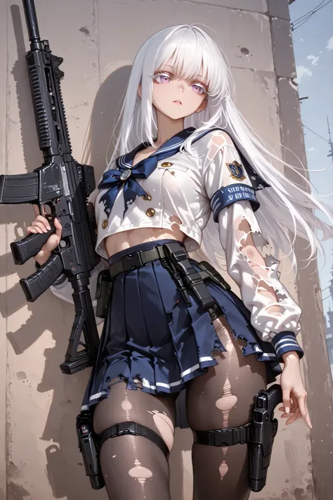 (masterpiece, Highest Quality, super detailed anime style digital painting holding a large assault rifle), 1girl, long white hair、White eyelashes、Girl in a Sailor Suit、pleated skirt、I'm holding a big assault rifle。a holster belt is attached only to the thi...