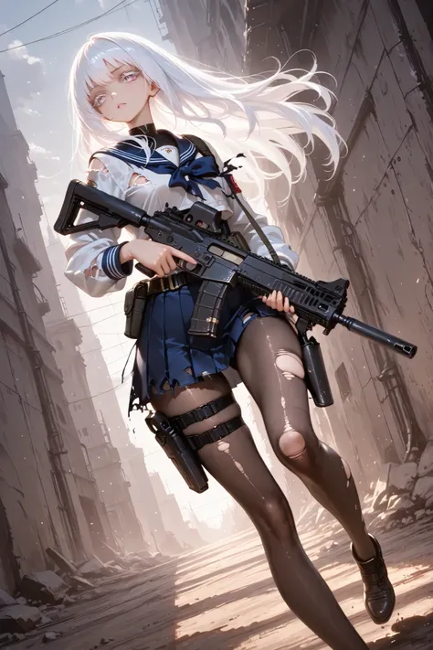 (masterpiece, Highest Quality, super detailed anime style digital painting holding a large assault rifle), 1girl, long white hair、White eyelashes、Girl in a Sailor Suit、pleated skirt、I'm holding a big assault rifle。A holster belt is attached only to the thi...