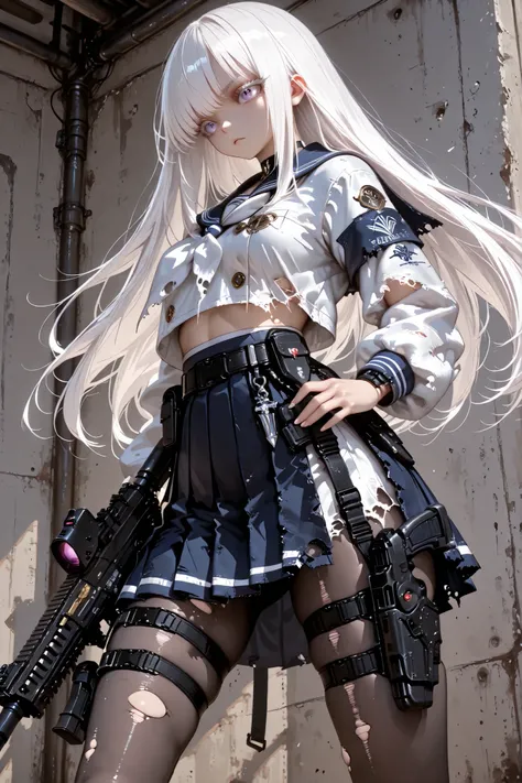 (masterpiece, Highest Quality, super detailed anime style digital painting holding a large assault rifle), 1girl, long white hair、White eyelashes、Girl in a Sailor Suit、pleated skirt、I'm holding a big assault rifle。a holster belt is attached only to the thi...