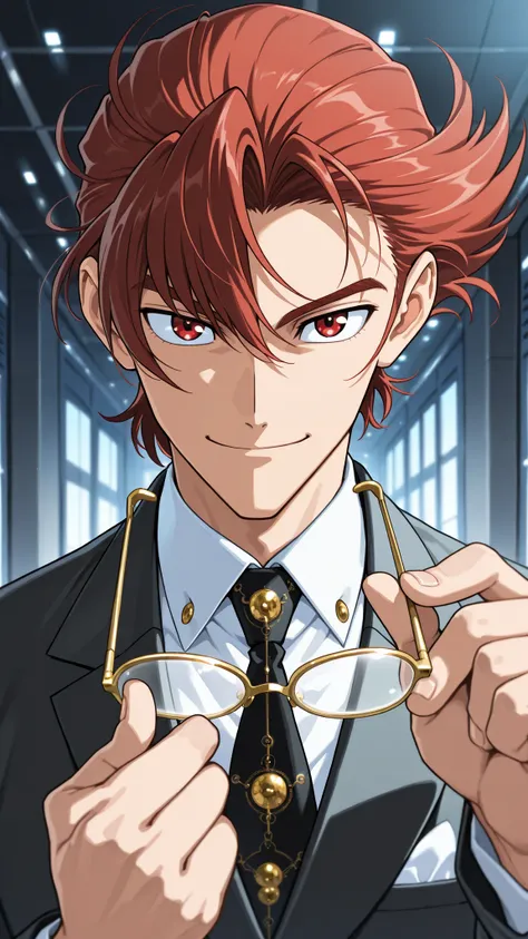 Gold-rimmed glasses ,dandy,Suit,, male,1man,is cool,Smile Yan,,Dramatic,anime,safe content(masterpiece, 最High Quality, High Quality, detailed background, complicated details,complicated,super high resolution, so beautiful ,Newest:1.2)