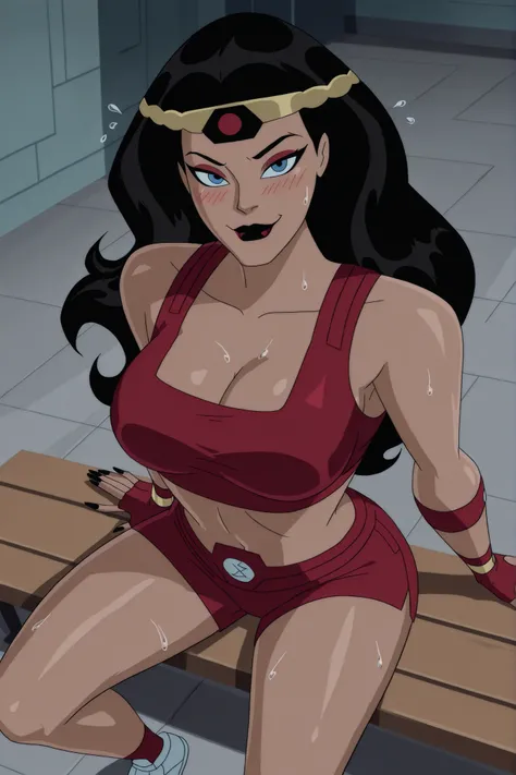 BREAK, score_6_up, score_7_up, score_8_up, score_9, b1gb4rd4, 1girl, solo, long hair, breasts, blue eyes, black hair, jewelry, hairband, dark red lips, lipstick, makeup, black nails, forehead protector, large breasts, busty, cleavage, curvy, athletic, look...