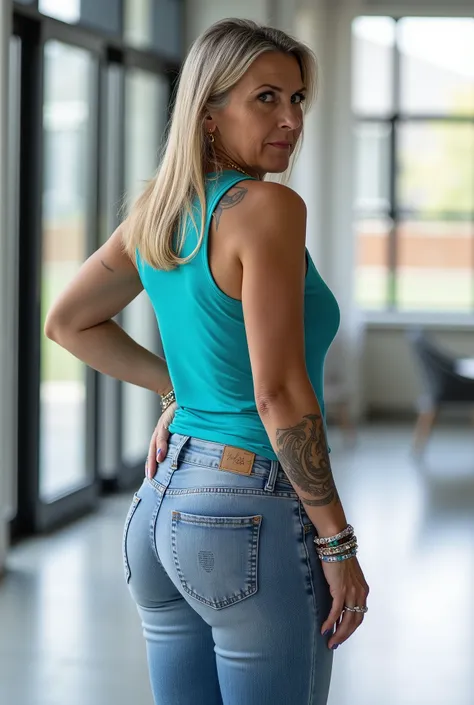 Ultra-realistic full-body rear shot portrait of a mature European woman in her late 50s, visual focus on buttocks, standing confidently in a bright modern loft with wide glass windows and soft natural daylight, facing away from the viewer. She has a natura...