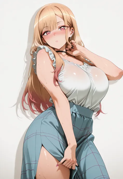 marin kitagawa, large breast, thic thigh,, multicolored hair, blonde hair, long hair, magenta eyes, ear piercing, earrings, pink nails, makeup,, nice legs, looking at viewer, solo, looking at viewer, nose blush, shiny legs, shiny body, shiny hair, clear sk...