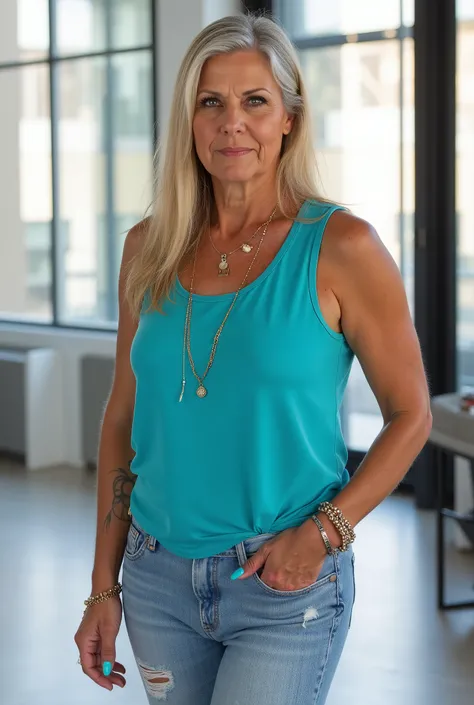 Ultra-realistic full-body portrait of a mature European woman in her late 50s, standing confidently in a bright modern loft with wide glass windows and soft natural daylight. She has a naturally mature, slightly more curvy and stout body — soft, full curve...