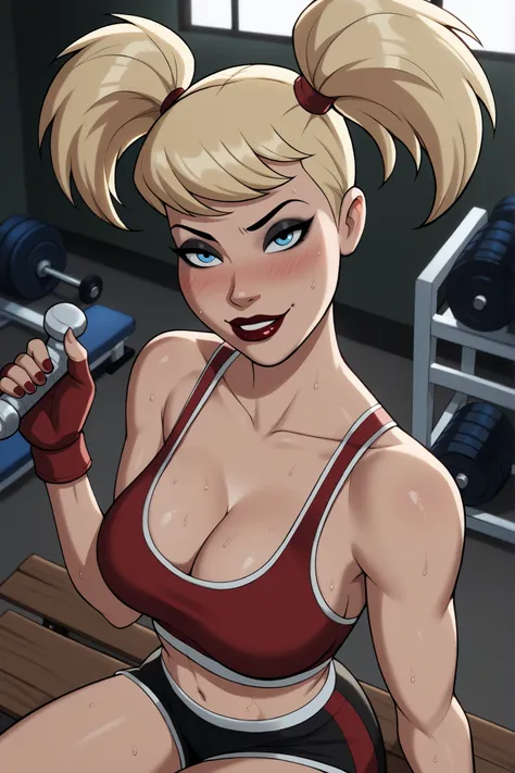 BREAK, score_9, score_8_up, score_7_up, score_6_up, Harleybtas, 1girl, solo, twintails, short hair, blonde hair, blue eyes, dark red lips, large breasts, cleavage, lipstick, makeup, smiling, closed mouth, seductive expression, bedroom eyes, looking at view...