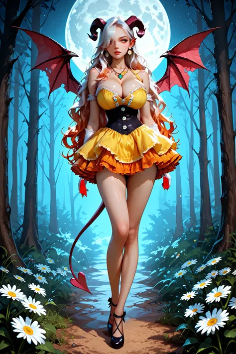 full body, 1girl, solo, hair over one eye, orange hair, hud_crst_prncss_drss, yellow short dress, corset, flower buttons, bare shoulders, orange frills, portret,  daisy earrings, white gloves,sleeveless fantasie dress ,portrait solo, slender legs, looking ...