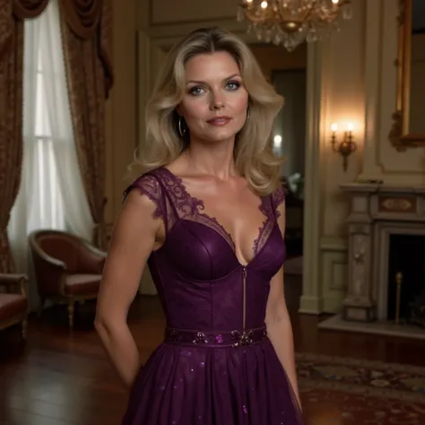 A professional photo of Michelle Pfeiffer. She is dressed in a deep purple elegant lace dress with low neckline. She is standing in a well-lit fancy ballroom in a palace. She is confident and relaxed. Michelle Pfeiffer, tiny bosoms, low neckline, deep purp...