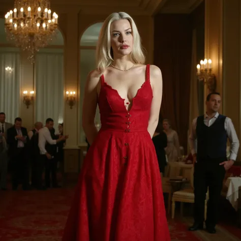 A professional photo of Liv Tyler. She is dressed in a red elegant lace dress with low neckline. She is standing in a well-lit fancy ballroom in a palace. She is confident and relaxed. Liv Tyler, natural tiny bosoms, low neckline, red elegant lace dress, s...