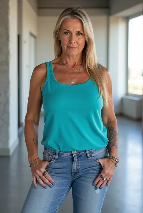 Ultra-realistic full-body portrait of a mature European woman in her late 50s, standing confidently in a bright modern loft with wide glass windows and soft natural daylight. She has a naturally mature, slightly more curvy and stout body — soft, full curve...