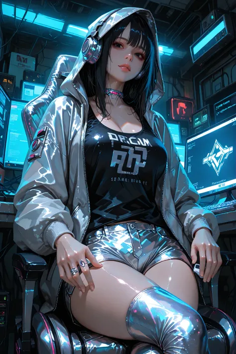 ,748cm style,Hackerden, Cyberpunk, Indoor, table, laptop, neon light, Scenery, computer,night, Darkness, artificial lighting,shiny skin,low angle, from below, upper body, 4K Ultra High Definition, Highest Quality, masterpiece, Ultra High Definition, shiny ...