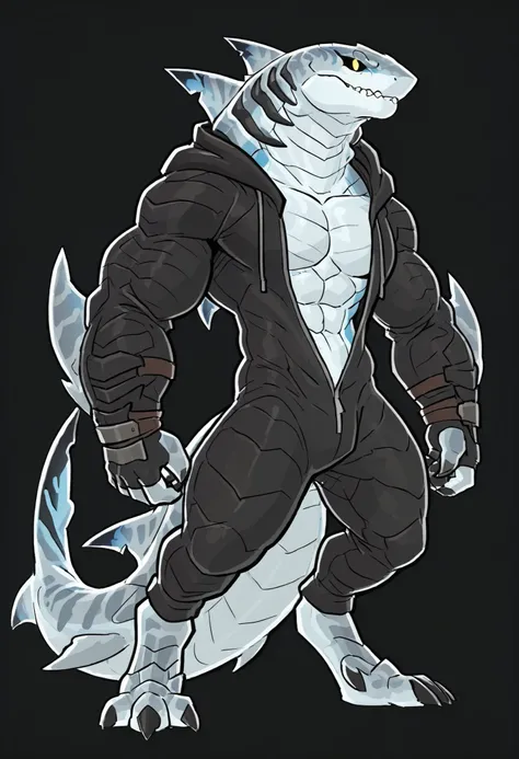 sharkman, anthro kohalasaurus, darker hands and fins, black back, solo, big arms, bara, bulky, detailed skin, lizard shark hybrid, anthro, closed mouth, detailed scalie skin, scalie arms, fins on arms, gray color body, beefy, thick scales on arms, digitigr...