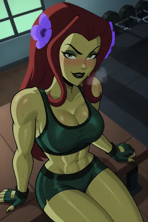 2d, score_9, score_8_up, score_7_up, score_6_up, flower, BREAK, 1girl, solo, standing, red hair, PIVYbatb, green skin, cleavage, curvy, athletic, makeup, smile, closed mouth, large breasts, long hair, black lips, hair ornament, seductive expression, bedroo...