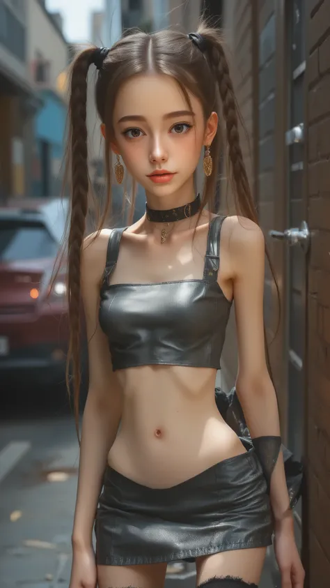 twins sisters small tiny very young prepubescent braidded asian thai girl (lolitas) + very long braidded pony tail + Very long hair + hair reaching knee + huge thigh gap + plump lips + leather choker + tiny leather tube top + super tight leather mini skirt...