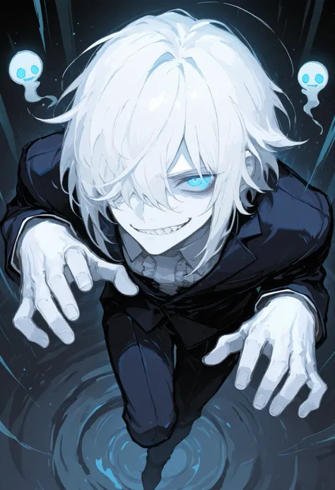 masterpiece, best quality, horsesoul, solo, 1boy, solo, man, ghost, ghostly, transparent, short white hair, hair over one eye, blue eyes, pale skin, (white skin:1.3), sharp teeth, muscular, suit, ghost pose, ghost, smirk, cute, looking up, floating, full b...