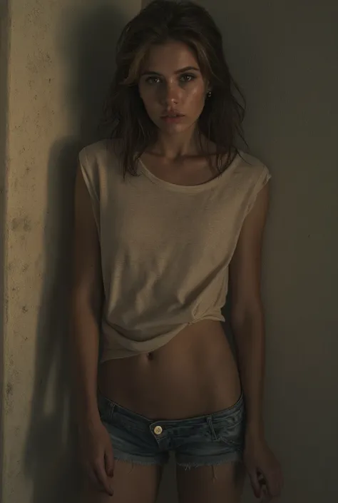 girl in need of sex, in a t-shirt and jeans, expects sex