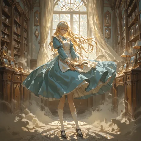 wearing round gold-rimmed glasses Ta shoujo、Long blond hair shining in light and wind、gentle gaze with blue eyes、wearing a white headband、Mysterious expression in the back of gold-rimmed glasses on a thin chain、white socks and shoes 、staring at a book wit...