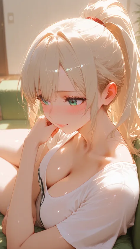 masterpiece, super high resolution,1 Girl,high ponytail,sitting,Gentle smile,light beige hair,no hair ornament,large u-neck t-shirt,sexy shoulder hair,Blush,cleavage,lying on the couch,bright living room