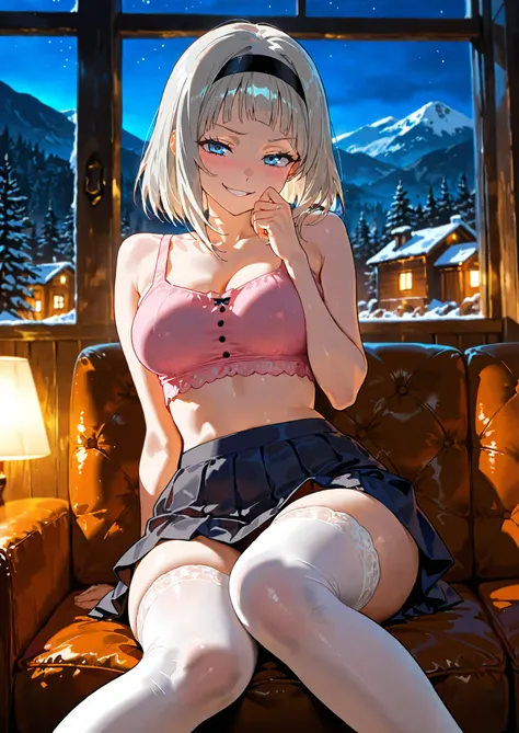 1girl, solo, Anna Nishikinomiya \(shimoneta\), shimoneta, short gray hair, blue eyes, black hairband, pink crop top, white thigh highs, skirt, blushing, crazy insane smirk, sitting on a sofa, mountain cabin, night time, seductive, sexy pose, alluring atmos...