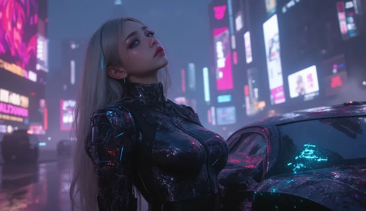 
(Masterpiece), (best quality), ultra-detailed, photorealistic, 8K resolution, cinematic daylight and neon atmosphere

A full-body hyperrealistic cyberpunk portrait of a stunning young gothic woman in a sleek black latex bodysuit, standing in a dramatic po...