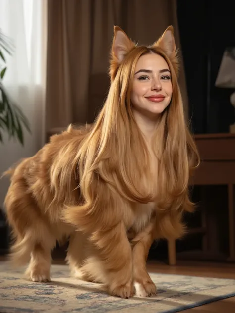 (masterpiece, high quality, high resolution hairstyle, hyperrealistic photograph), Majestic anthropomorphic female dog, hybrid creature standing on the ground on its four legs, humanized canine anatomy in an elegant posture, beautiful female face with deli...