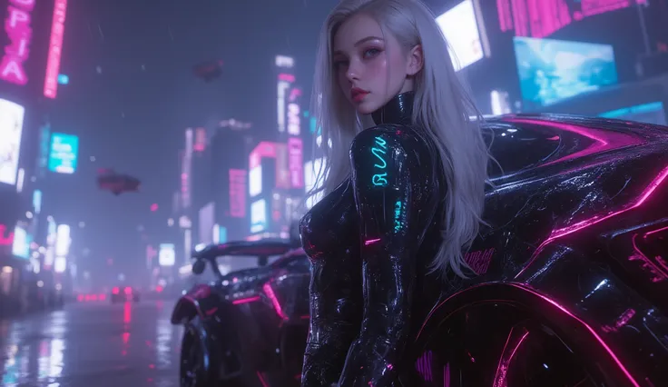 
(Masterpiece), (best quality), ultra-detailed, photorealistic, 8K resolution, cinematic daylight and neon atmosphere

A full-body hyperrealistic cyberpunk portrait of a stunning young gothic woman in a sleek black latex bodysuit, standing in a dramatic po...