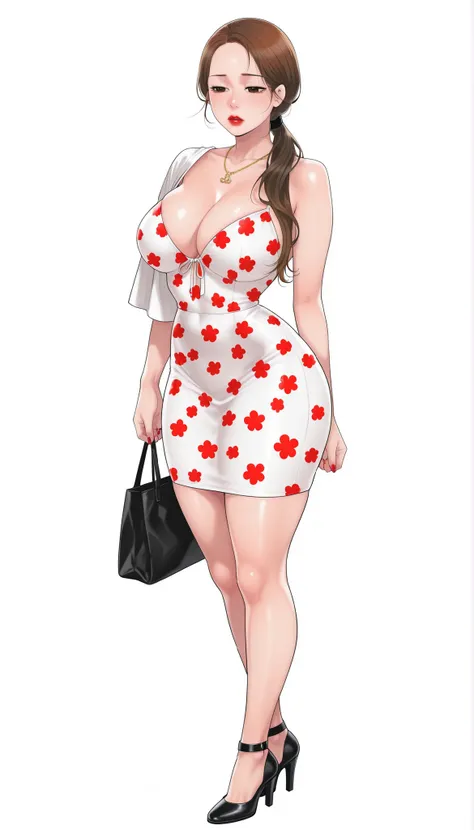 Yumi (New Town), a beautiful extremely sexy woman with long glowy sleek forehead-parted honey-brown hair, big deep-brown eyes, bimbo plump round red lips, bright red nails, extremely fair white glowy skin, a cinched small tight narrow waist, an hourglass f...