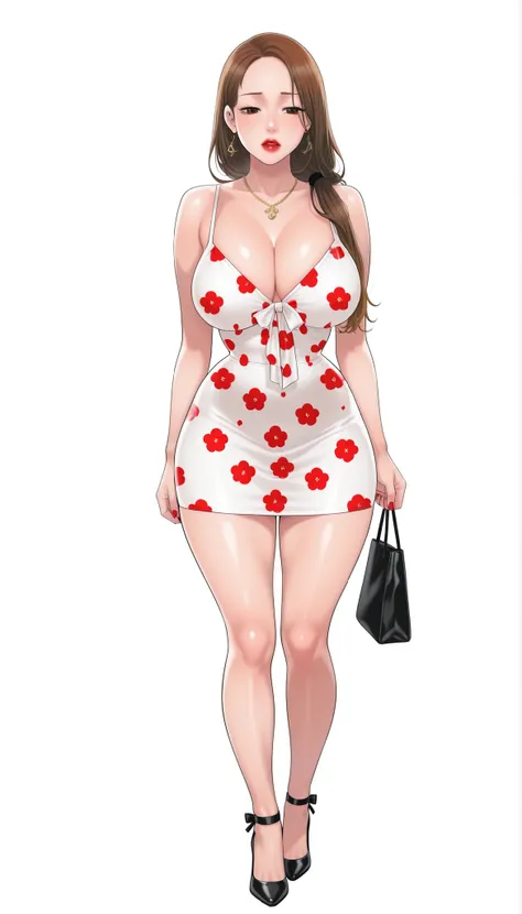 Yumi (New Town), a beautiful extremely sexy woman with long glowy sleek forehead-parted honey-brown hair, big deep-brown eyes, bimbo plump round red lips, bright red nails, extremely fair white glowy skin, a cinched small tight narrow waist, an hourglass f...