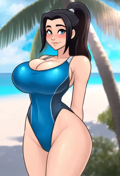 anime screencap, masterpiece, best quality,
1girl, solo, closed mouth, blush, light smile,
ponytail, long hair, black hair, blue eyes,
competition swimsuit, large breasts, cleavage,
standing, looking at viewer, cowboy shot,
beach, horizon, palm tree, lens ...