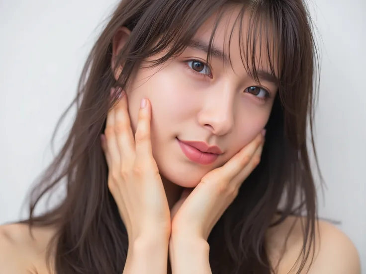 (Refined from an old photo, recreated in a modern, ultra high-quality photorealistic style, 
with a trendy Reiwa-era hairstyle: soft semi-long hair with natural waves and airy see-through bangs),

Ultra photorealistic close-up portrait of a beautiful Japan...