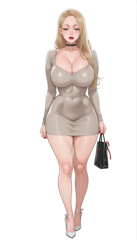 Yumi (New Town), a beautiful extremely sexy woman with long glowy sleek forehead-parted yellow-blonde hair, light-blue eyes, bimbo plump round red lips, bright red nails, extremely fair white glowy skin, a cinched small tight narrow waist, an hourglass fig...