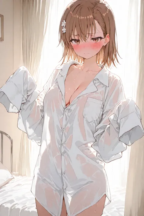 {{{masterpiece}}}, {{{best quality}}}, {{Ultra Details}}, {illustration}, {{very delicate and beautiful))(1girl:1.2)(((1girl)))Sweat LoveHotel bed blushing, looking at viewer, blush, shirt, long sleeves,closed mouth, cleavage, standing, collarbone, white s...