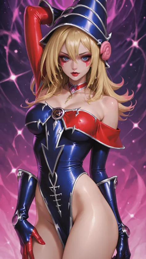 Dark magician Gils dressed as Harley Quinn. She has blonde and black hair. blue eyes. red lips. Dark magician girl is dressed as Harley Quinn. Sensual and innocent pose. Circus and magic background.