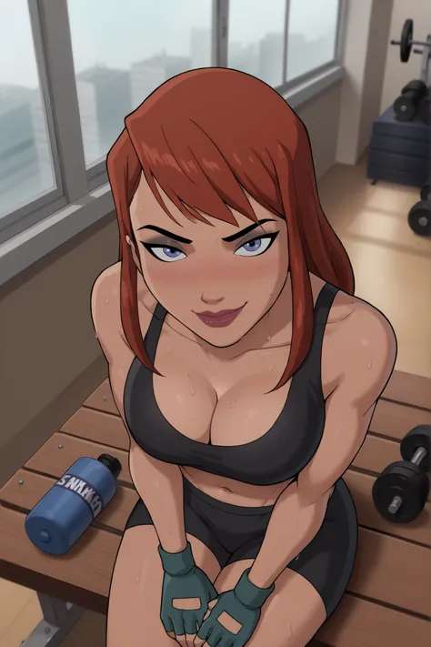 BREAK, score_6_up, score_9_up, score_8_up, score_7_up, 1girl, solo, barbara gordon, ginger hair, long hair, blue eyes, lipstick, makeup, large breasts, cleavage, curvy, athletic, busty, black sports bra, black gym shorts, yellow fingerless gloves, looking ...
