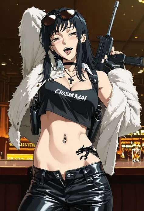 masterpiece, best quality, solo, 1girl, anime coloring, chainsaw man art style, m1fune,  smile, smug, blush, looking at the viewer, arms behind head, stretching, , black hair,  brown eyes, yawning, black shirt,  collared shirt, camisa cropped,  clothes wri...