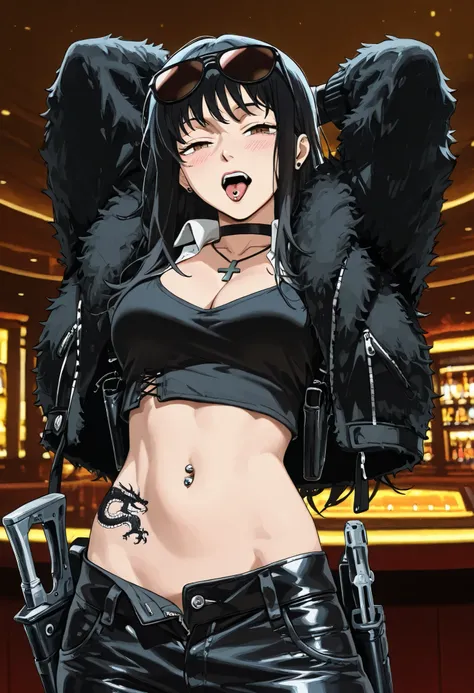 masterpiece, best quality, solo, 1girl, anime coloring, chainsaw man art style, m1fune,  smile, smug, blush, looking at the viewer, arms behind head, stretching, , black hair,  brown eyes, yawning, black shirt,  collared shirt, camisa cropped,  clothes wri...