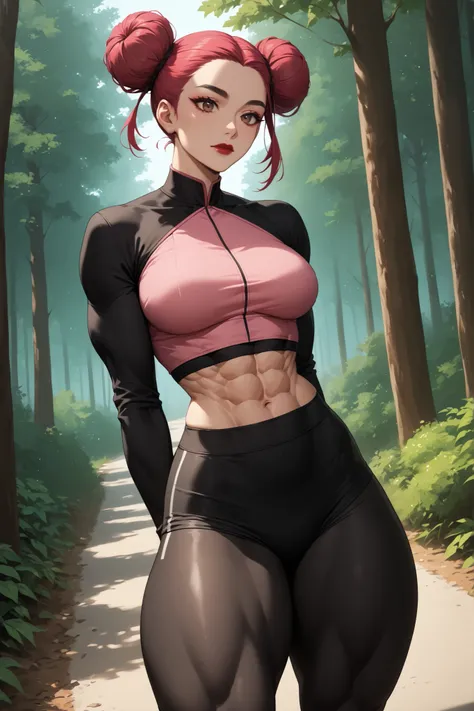 Forest, trees, road, perfect body, perfect face, ((pink top knot hair double bun)), (forehead), black thick eyebrows, brown eyes, dark red lips, closed mouth, beautiful female, (black long sleeves crop top, crop top), (medium breasts, perfect breasts), (mu...