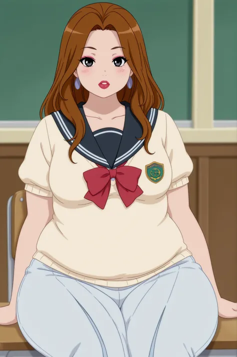 Debra, small breasts. Pale red lipstick, brown hair, black eyes, pale red makeup, long hair, thick hips, chubby, overweight, chubby, fat, mature woman..|  anime screencap, score_9, score_8_up, score_7_up, source_anime BREAK dwreiko, 1girl, solo, indoors, c...