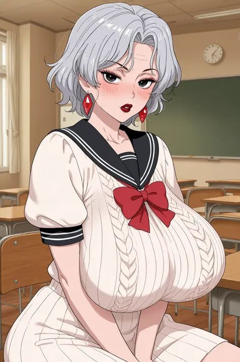 Grandma. gray hair, black eyes, short hair, dark red lips, wrinkles, earrings, makeup, huge saggy breasts, |  anime screencap, score_9, score_8_up, score_7_up, source_anime BREAK dwreiko, 1girl, solo, indoors, classroom BREAK latex school uniform, knitted ...