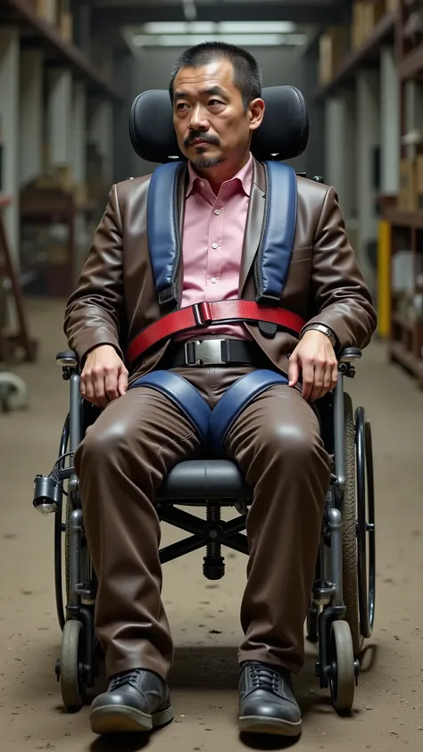 (Wide angle cinematic image taken inside of a dirty warehouse with mud and grime :1.6) (at the center of the image a thin muscular fit middle age Japanese Asian man sits in a wheelchair with a padded seat and headrest, he has a thick padded blue neoprene h...