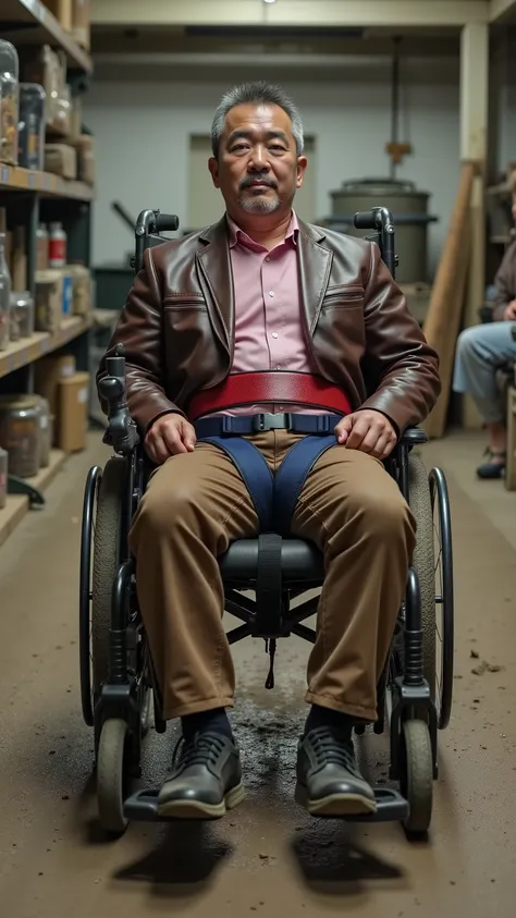 (Wide angle cinematic image taken inside of a dirty warehouse with mud and grime :1.6) (at the center of the image a thin muscular fit middle age Japanese Asian man sits in a wheelchair with a padded seat and headrest, he has a thick padded blue neoprene h...