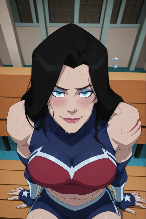 BREAK, score_6_up, score_7_up, score_8_up, score_9, 1girl, solo, long hair, blue eyes, black hair, bare shoulders, blue eyes, muscular female, midriff, bare shoulders, lipstick, makeup, wwBl00d, large breasts, busty, cleavage, curvy, athletic, looking at v...